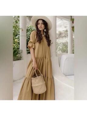 Daughters of India Sahana Gown Boho Tiered Maxi Dress Brown Mustard Tan Small